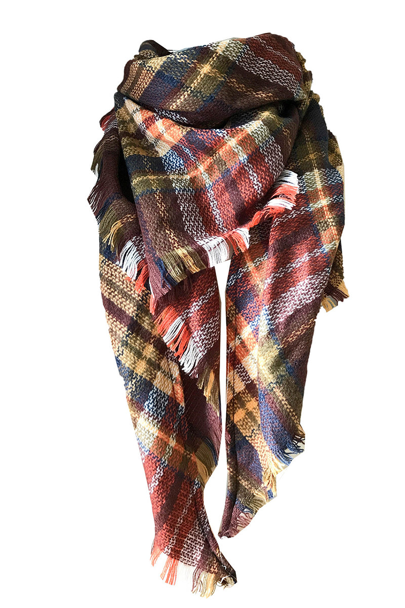 PLAID PATTERN RAW TRIM SHAWL SCARF