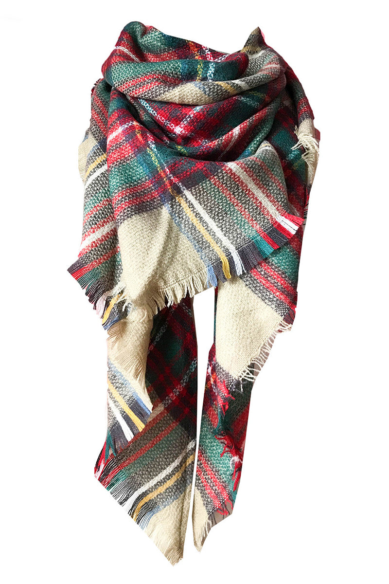 PLAID PATTERN RAW TRIM SHAWL SCARF