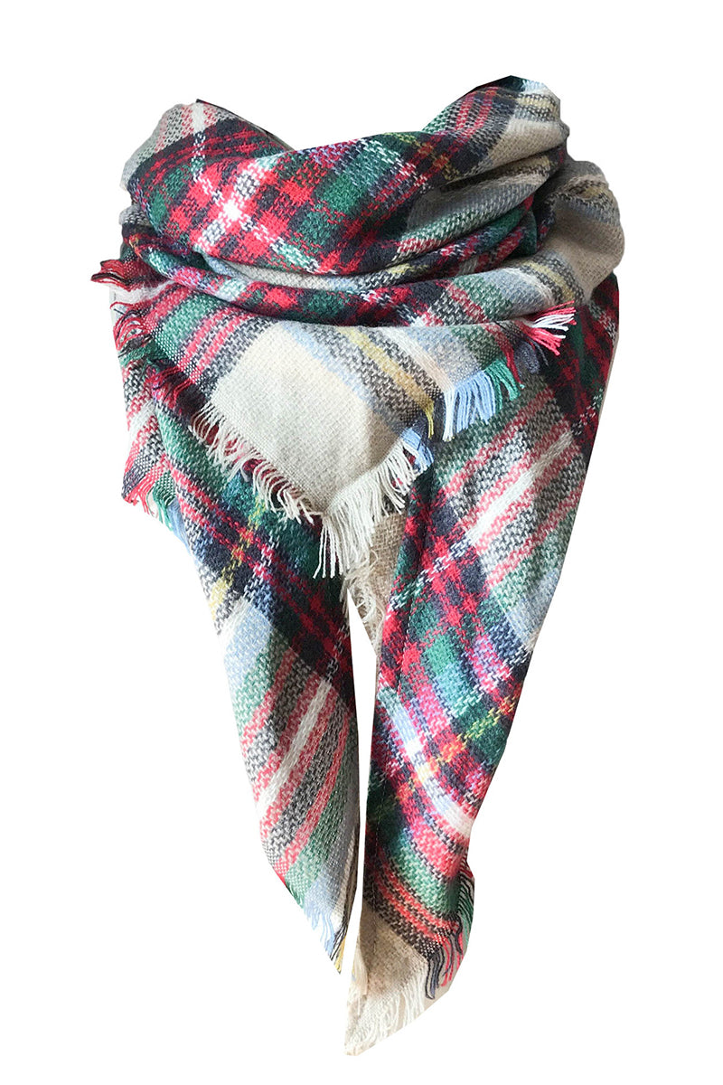 PLAID PATTERN RAW TRIM SHAWL SCARF