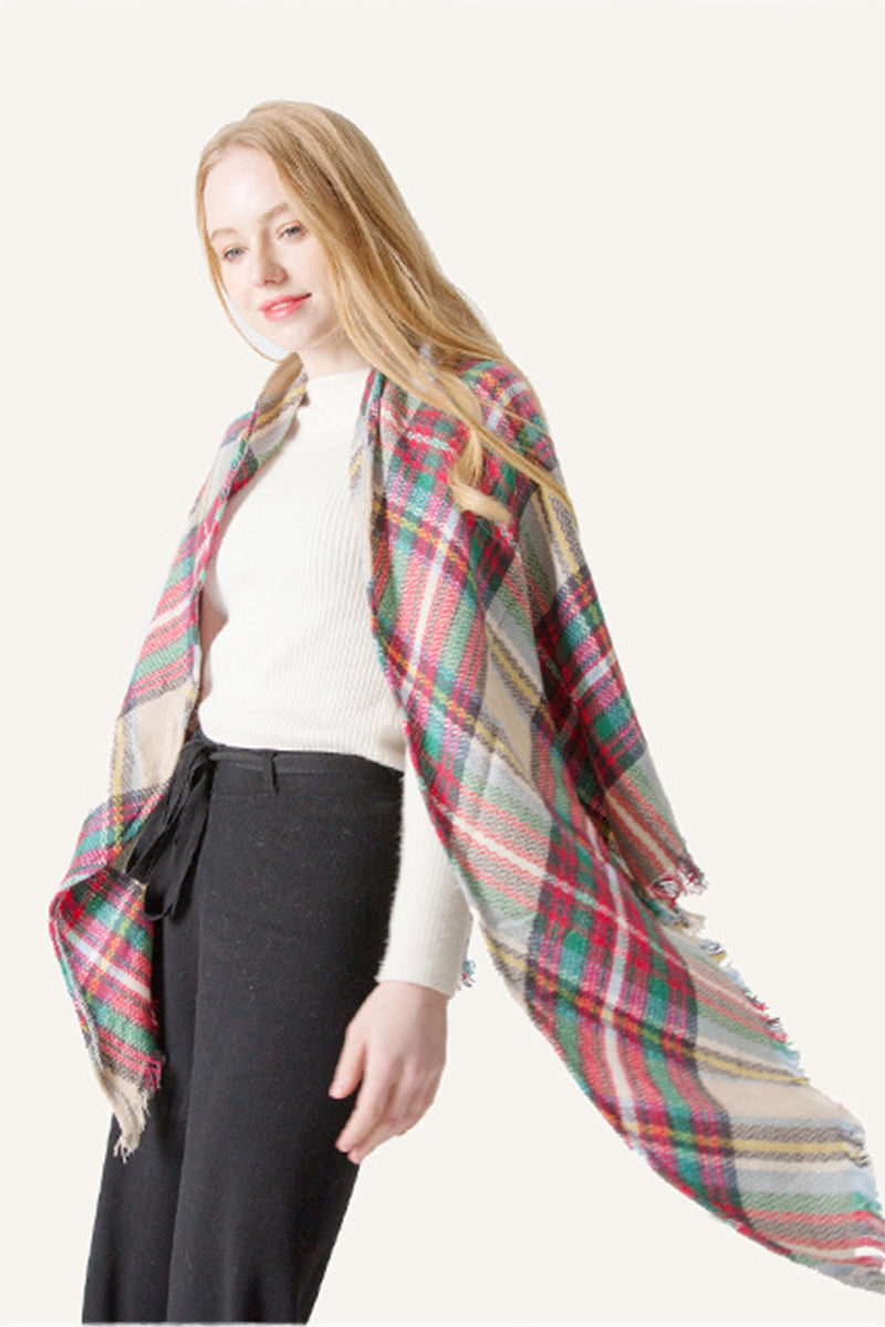 PLAID PATTERN RAW TRIM SHAWL SCARF