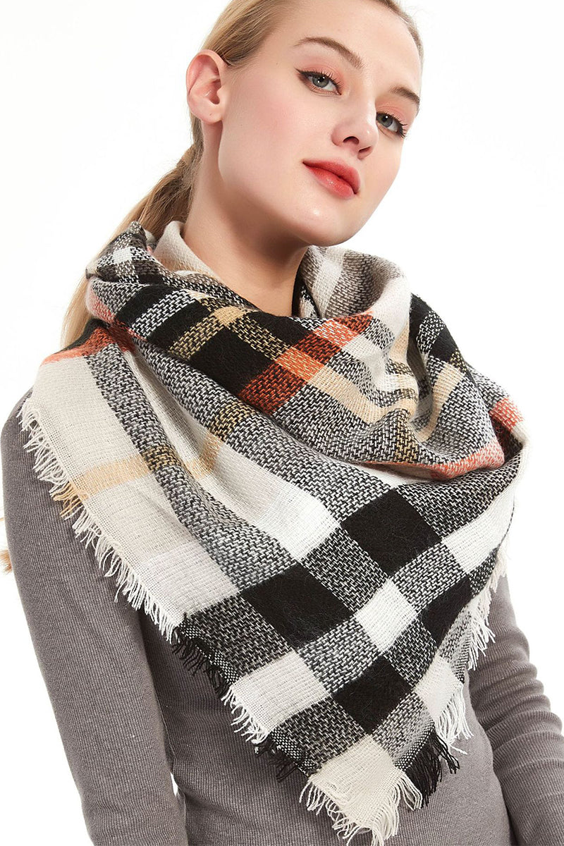 PLAID PATTERN RAW TRIM SHAWL SCARF