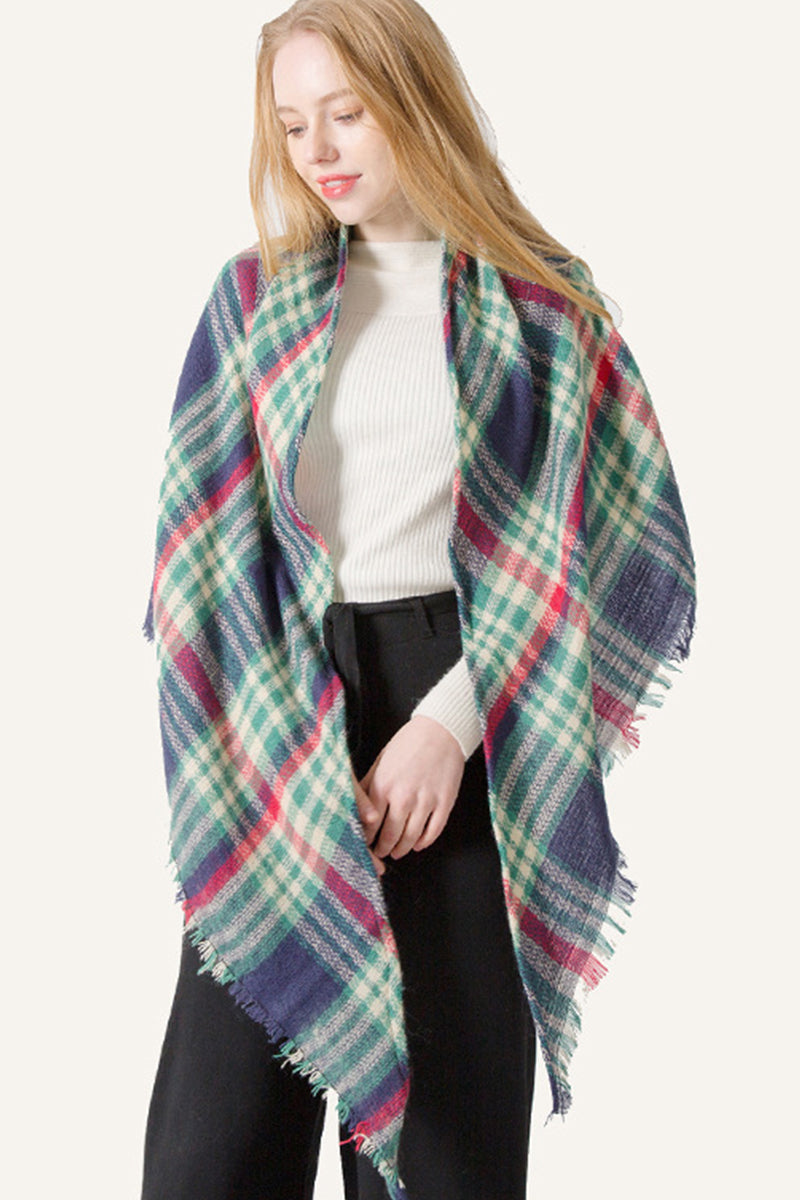 PLAID PATTERN RAW TRIM SHAWL SCARF