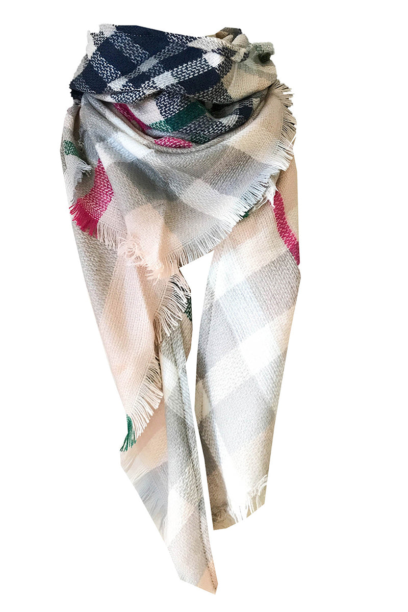 PLAID PATTERN RAW TRIM SHAWL SCARF