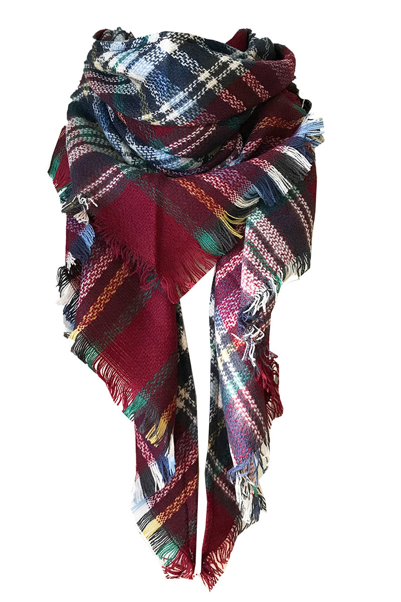 PLAID PATTERN RAW TRIM SHAWL SCARF