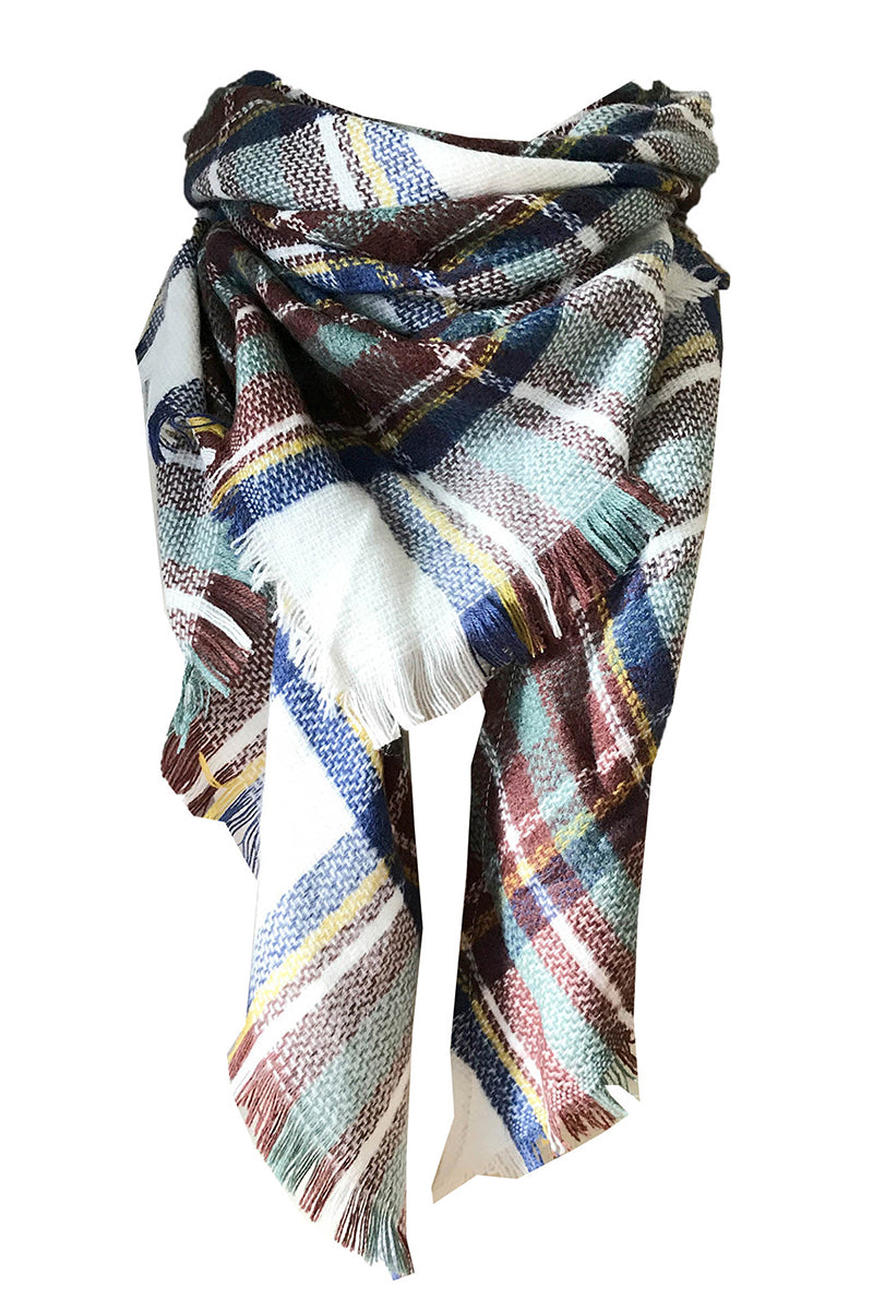 PLAID PATTERN RAW TRIM SHAWL SCARF