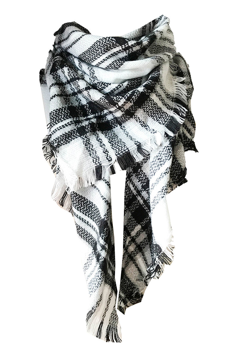 PLAID PATTERN RAW TRIM SHAWL SCARF