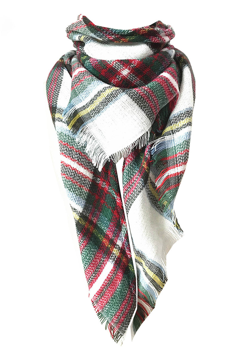 PLAID PATTERN RAW TRIM SHAWL SCARF