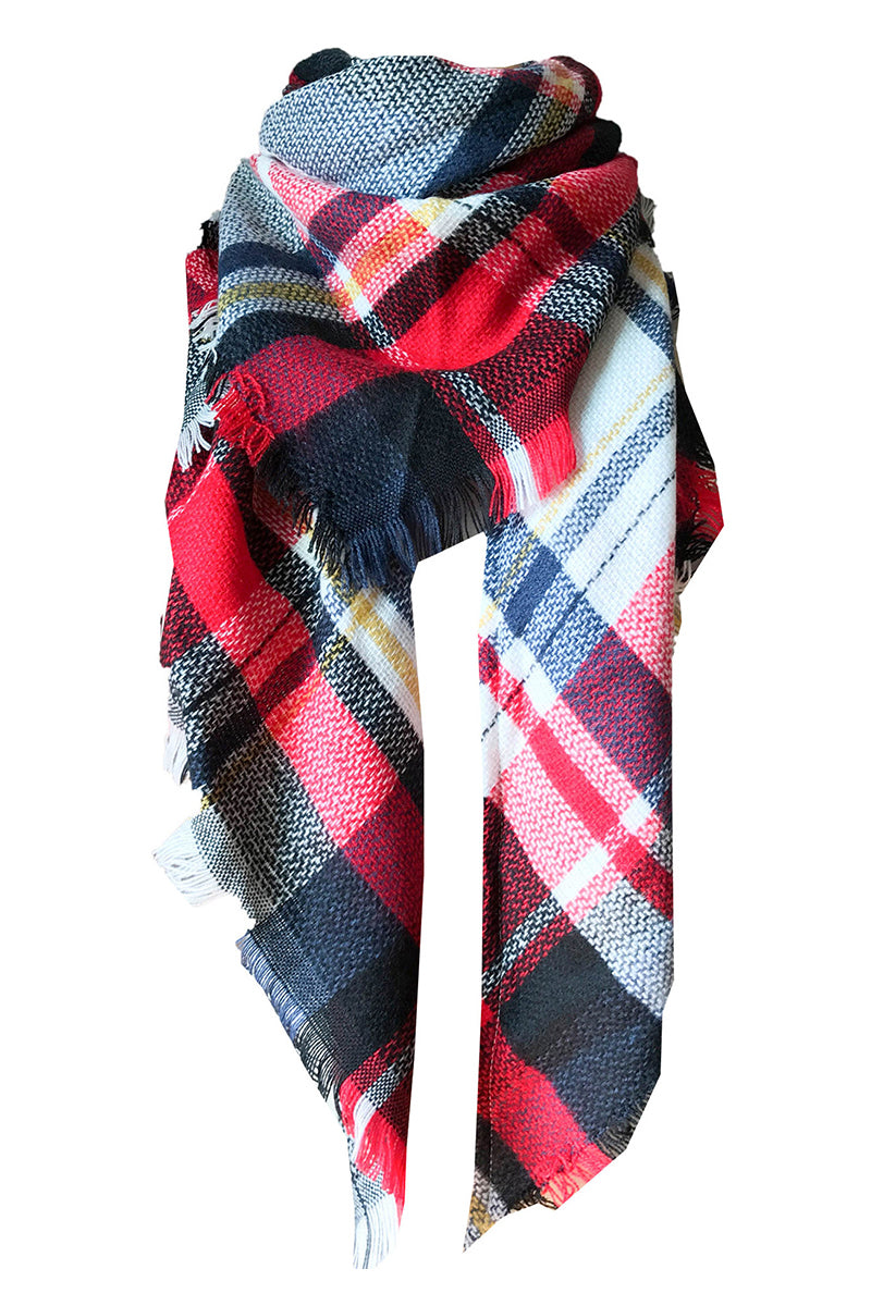 PLAID PATTERN RAW TRIM SHAWL SCARF