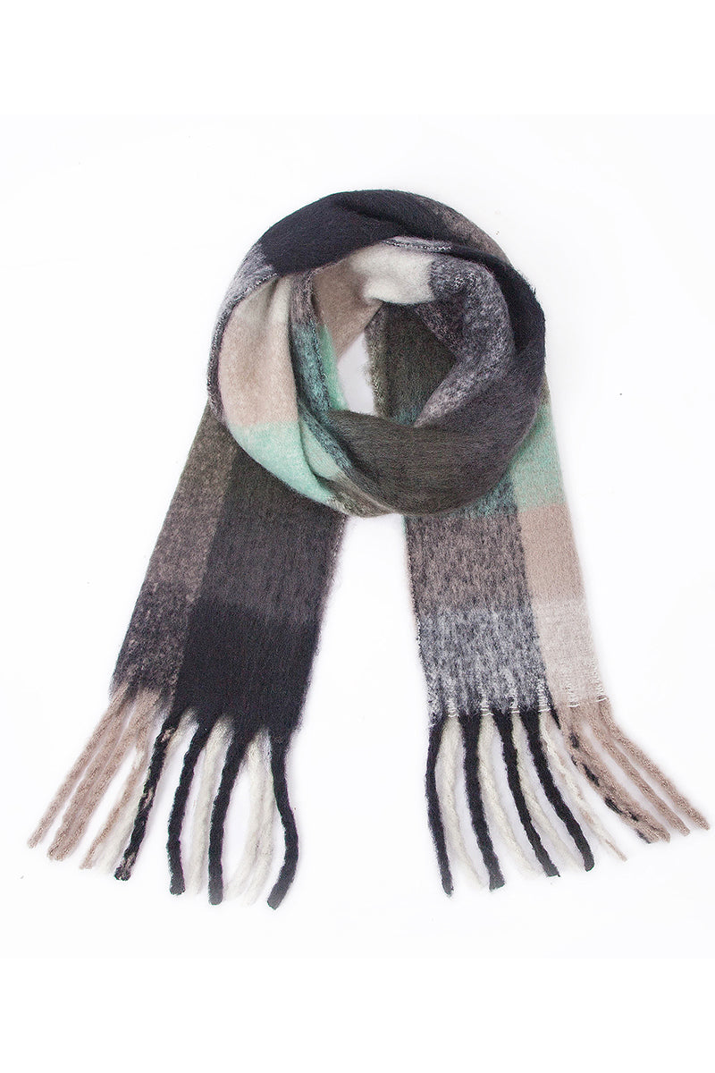 PLAID PATTERN FRINGE TRIM WINTER SCARF