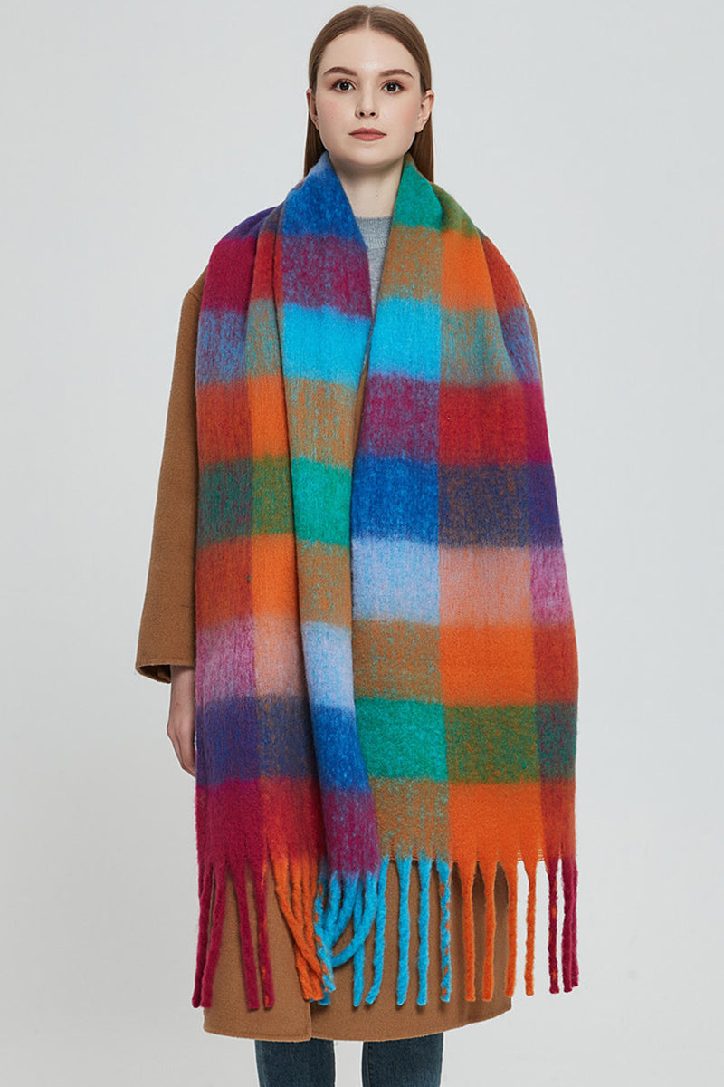 PLAID PATTERN FRINGE TRIM WINTER SCARF