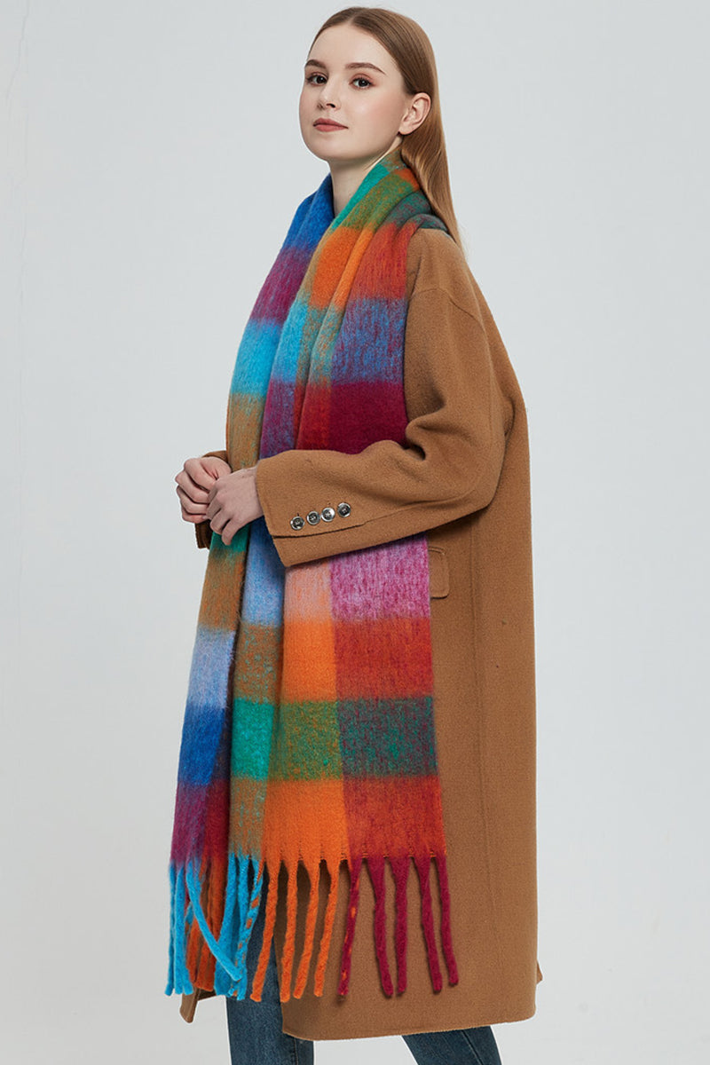 PLAID PATTERN FRINGE TRIM WINTER SCARF