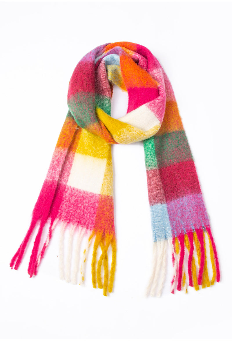 PLAID PATTERN FRINGE TRIM WINTER SCARF