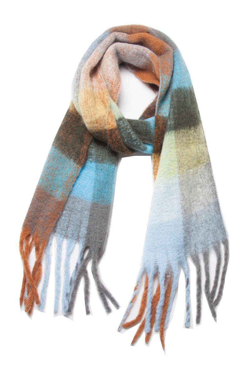 PLAID PATTERN FRINGE TRIM WINTER SCARF