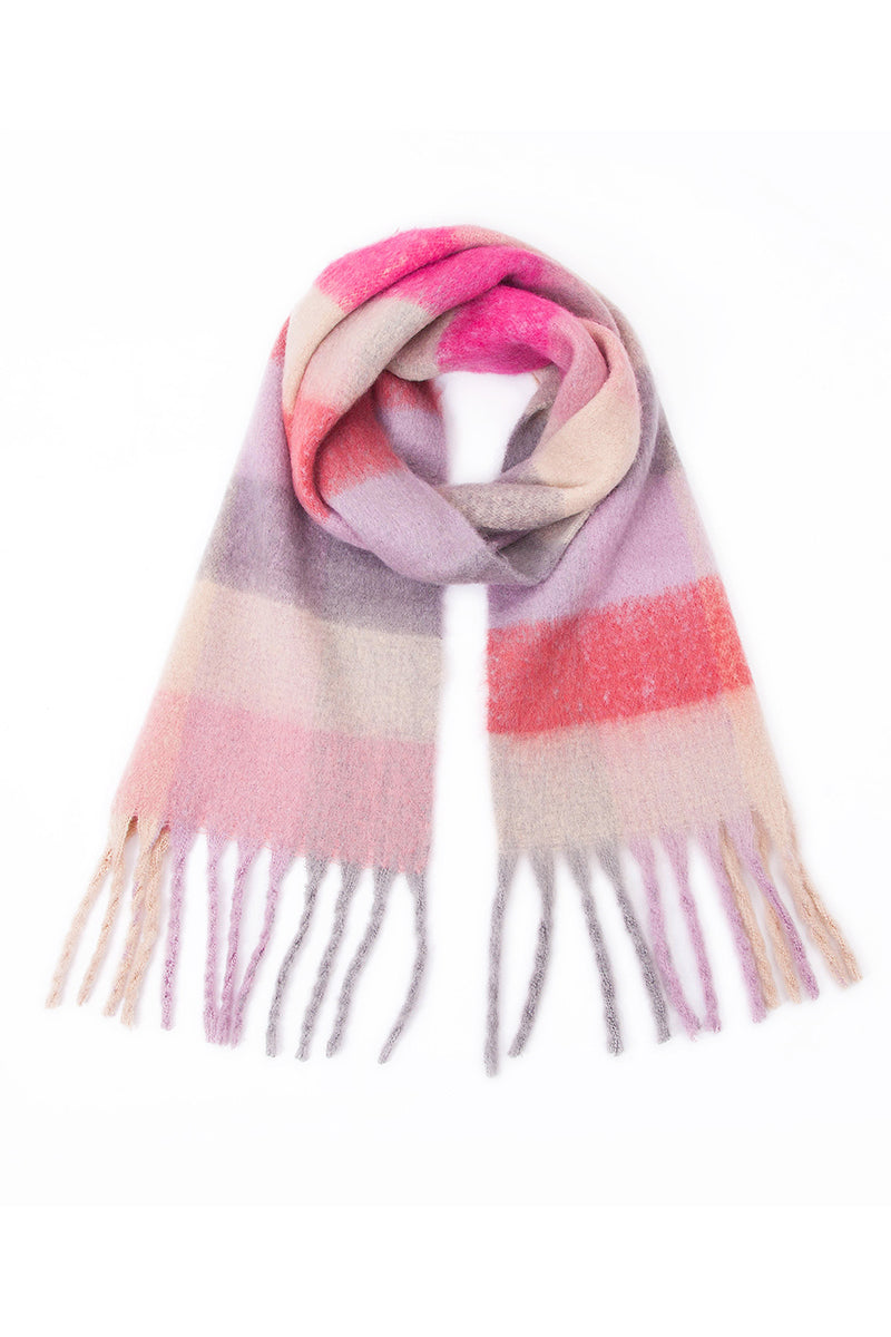 PLAID PATTERN FRINGE TRIM WINTER SCARF