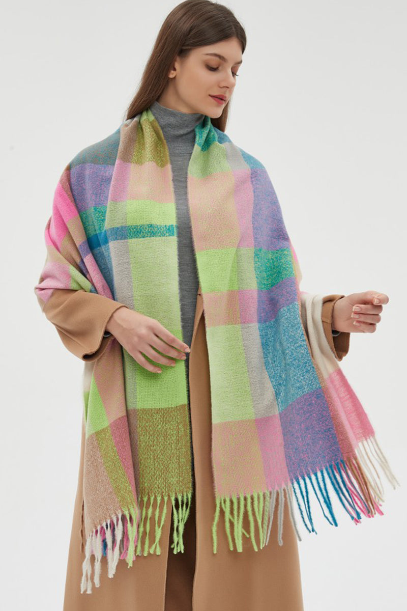 PLAID PATTERN COLORBLOCK FRINGE TRIM SCARF