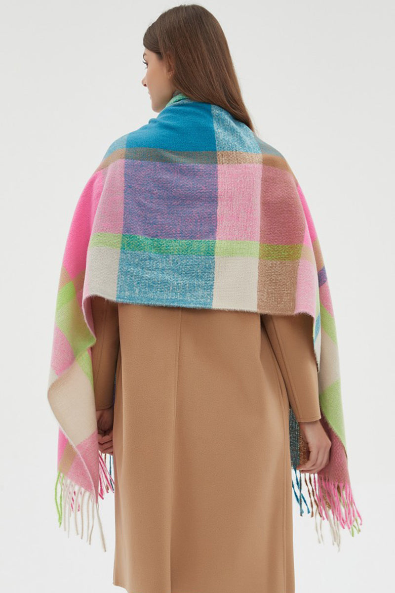 PLAID PATTERN COLORBLOCK FRINGE TRIM SCARF