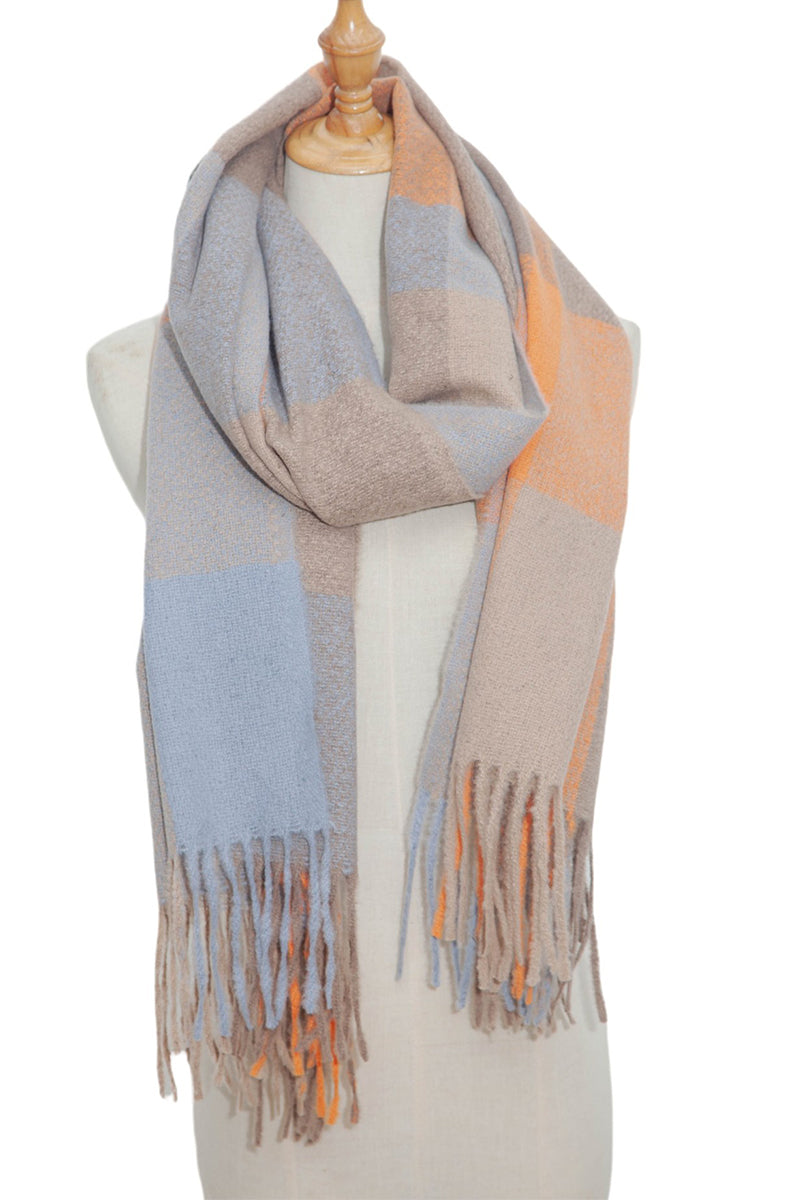 PLAID PATTERN COLORBLOCK FRINGE TRIM SCARF