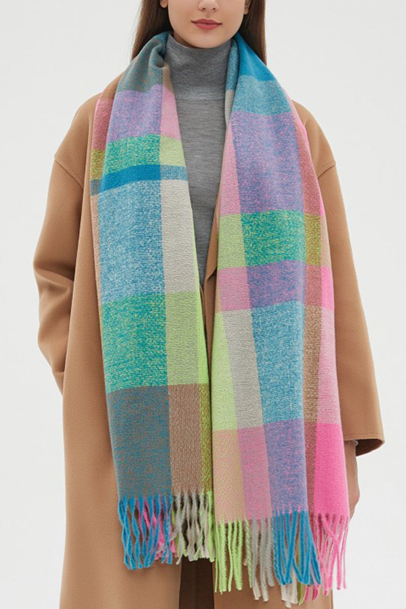 PLAID PATTERN COLORBLOCK FRINGE TRIM SCARF