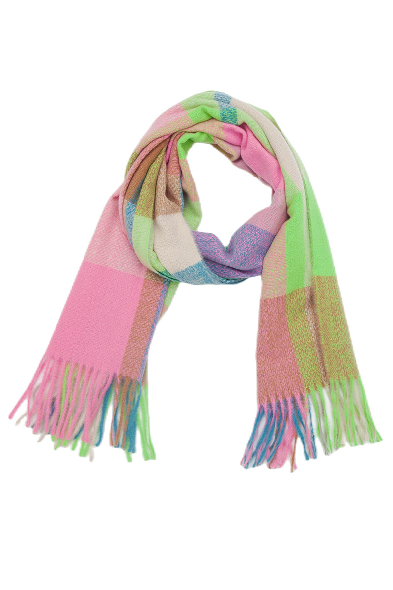 PLAID PATTERN COLORBLOCK FRINGE TRIM SCARF