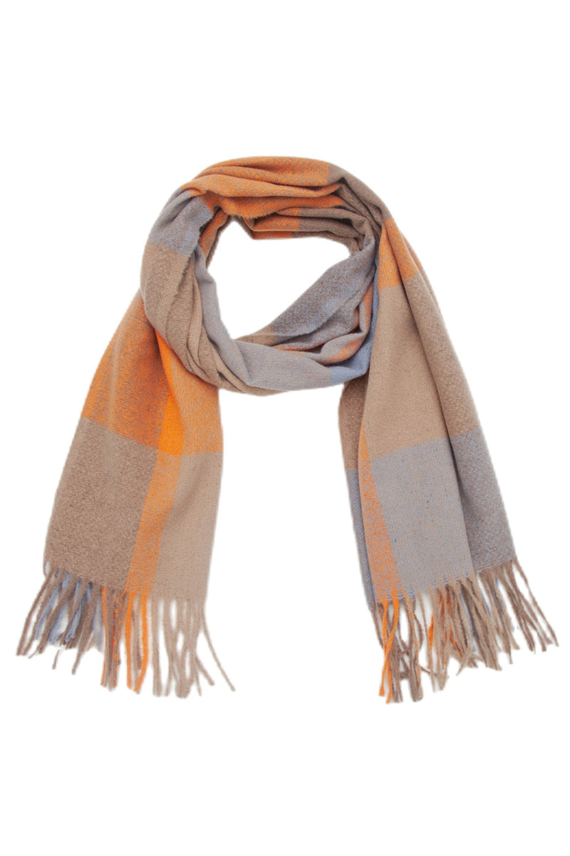 PLAID PATTERN COLORBLOCK FRINGE TRIM SCARF