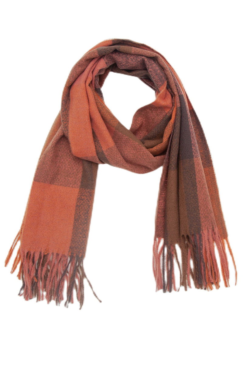 PLAID PATTERN COLORBLOCK FRINGE TRIM SCARF