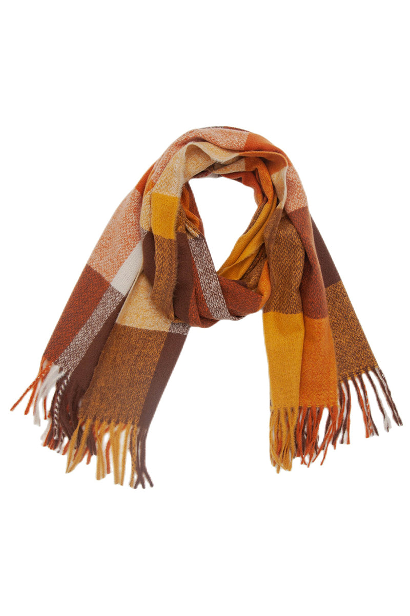 PLAID PATTERN COLORBLOCK FRINGE TRIM SCARF