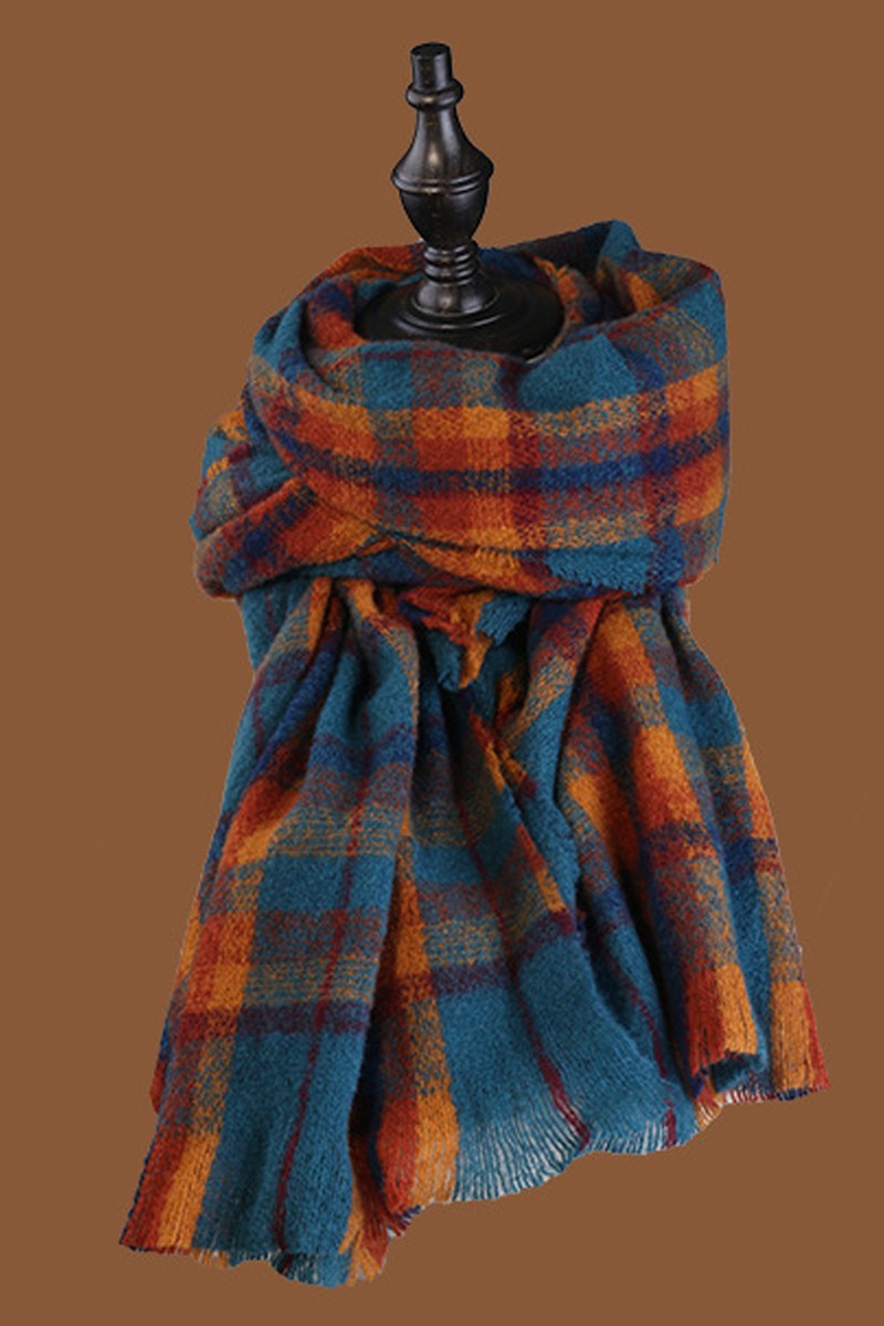 WOMEN PLAID PATTERN FRINGE HEM SCARF