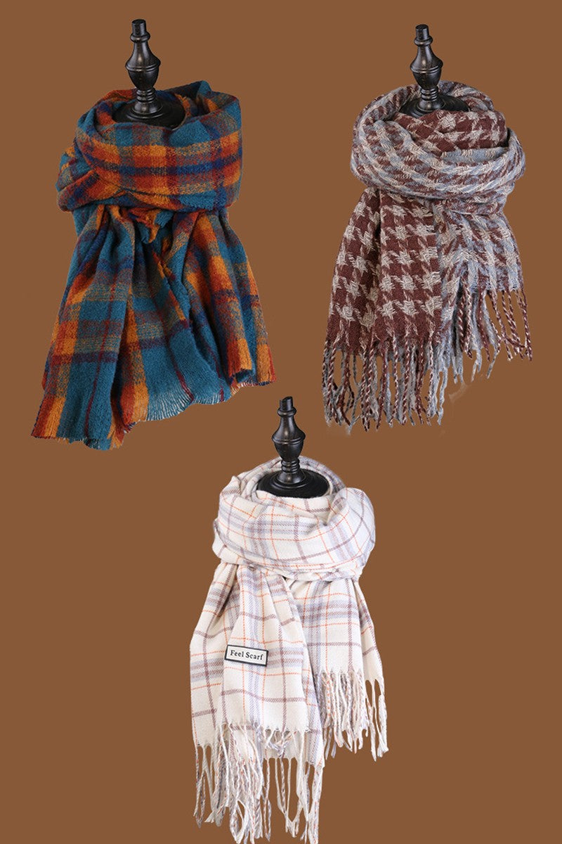 WOMEN PLAID PATTERN FRINGE HEM SCARF