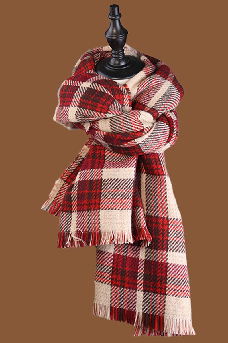 WOMEN PLAID PATTERN FRINGE HEM SCARF