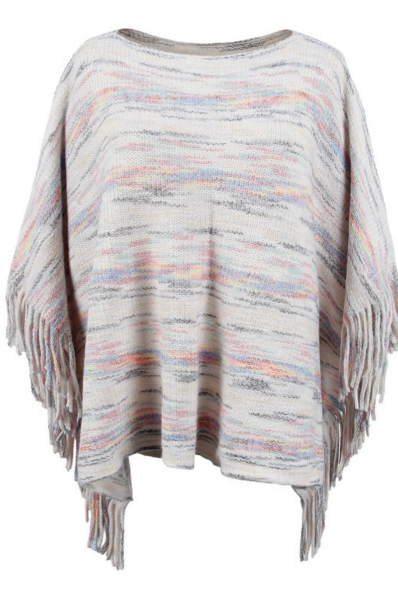 WOMEN COLOR PATTERNED TASSEL PONCHO SHAWL