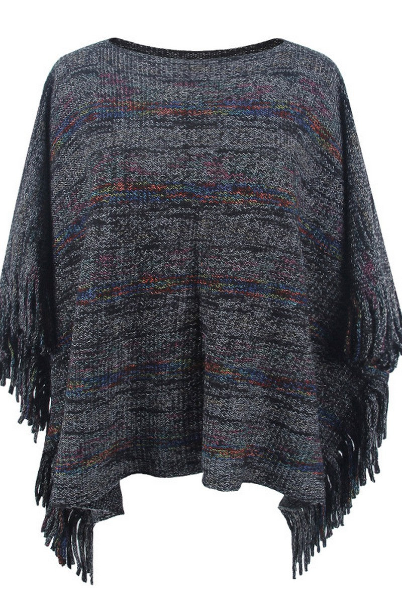 WOMEN COLOR PATTERNED TASSEL PONCHO SHAWL