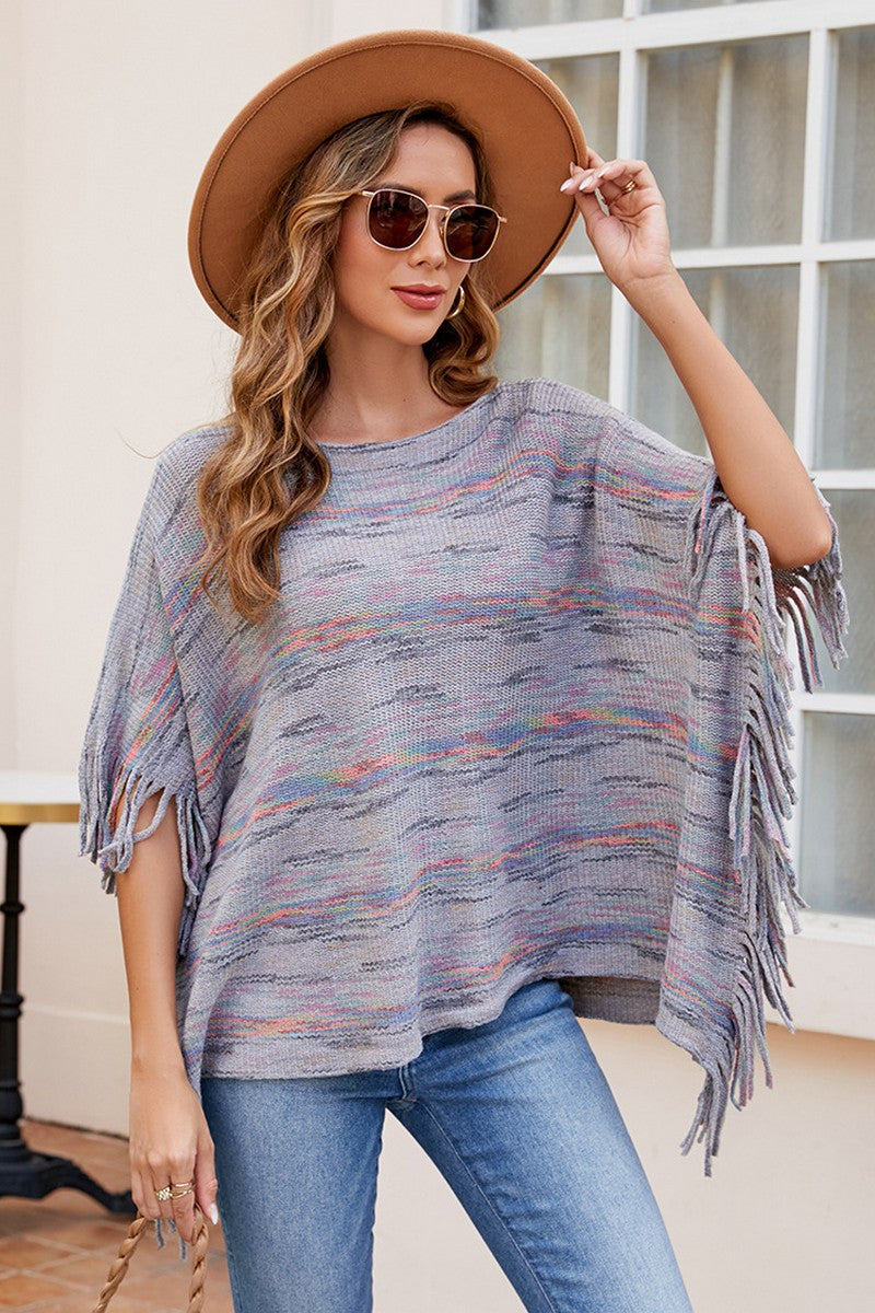 WOMEN COLOR PATTERNED TASSEL PONCHO SHAWL