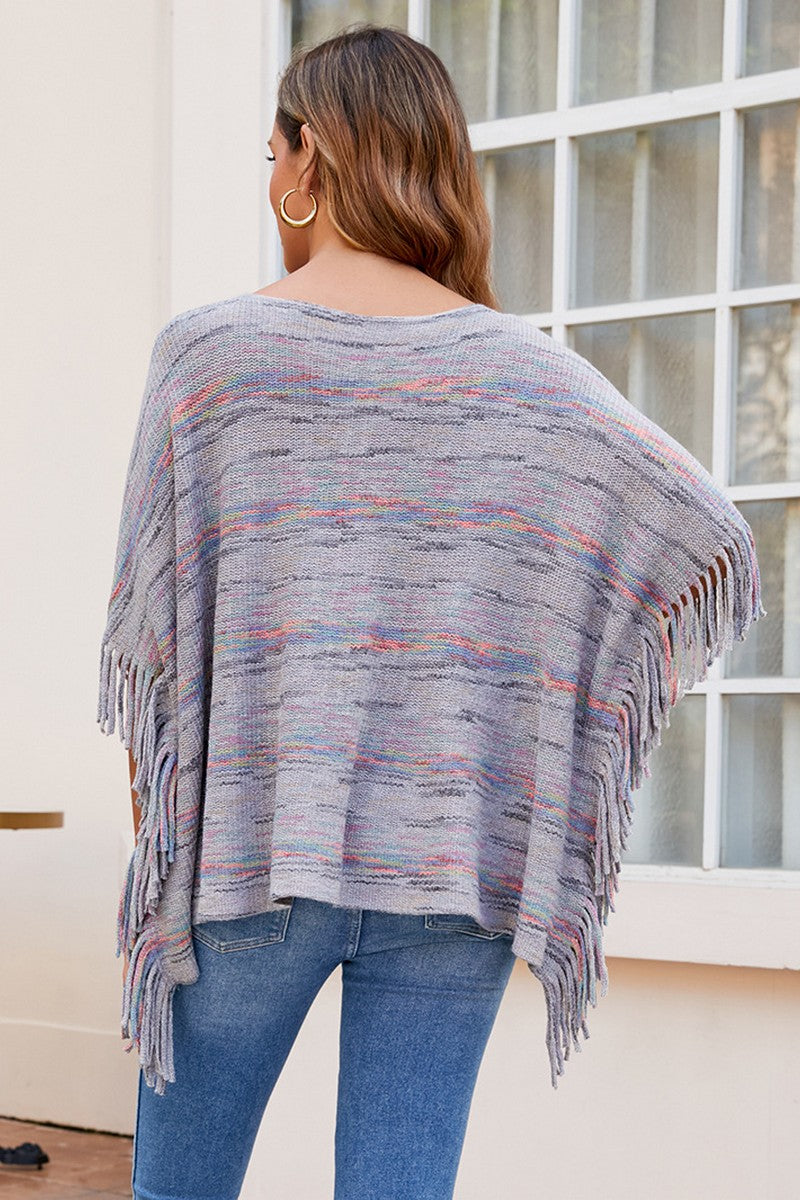 WOMEN COLOR PATTERNED TASSEL PONCHO SHAWL