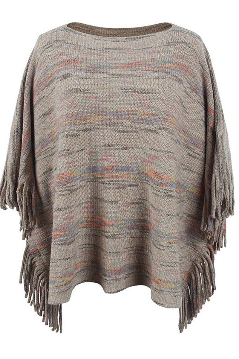 WOMEN COLOR PATTERNED TASSEL PONCHO SHAWL