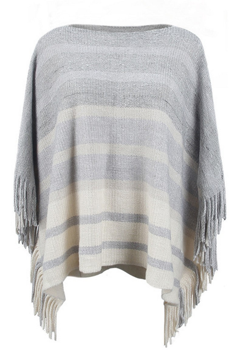 WOMEN STRIPE COLOR BLOCK TASSEL PONCHO SHAWL