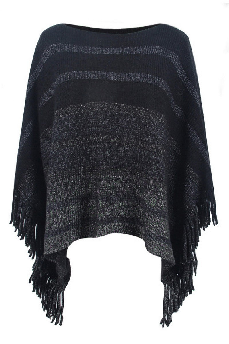 WOMEN STRIPE COLOR BLOCK TASSEL PONCHO SHAWL