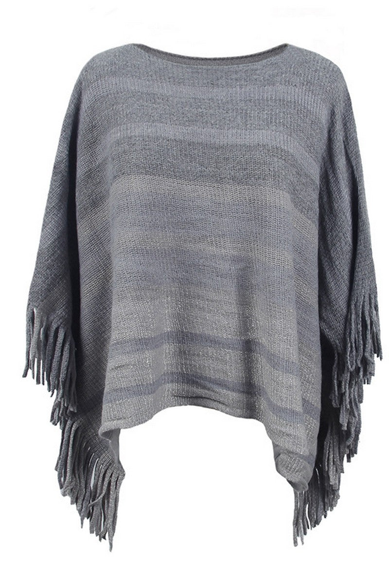 WOMEN STRIPE COLOR BLOCK TASSEL PONCHO SHAWL