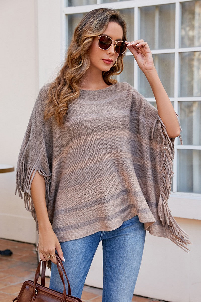 WOMEN STRIPE COLOR BLOCK TASSEL PONCHO SHAWL