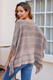 WOMEN STRIPE COLOR BLOCK TASSEL PONCHO SHAWL