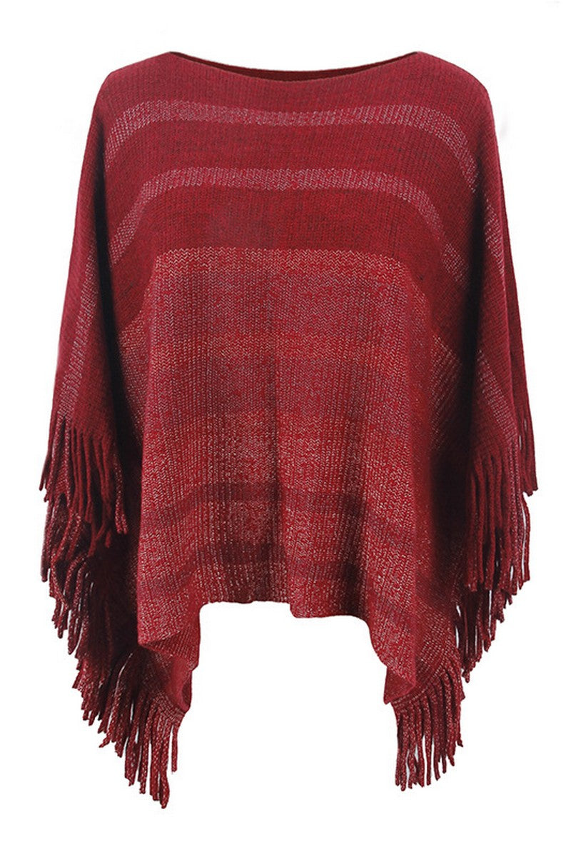 WOMEN STRIPE COLOR BLOCK TASSEL PONCHO SHAWL