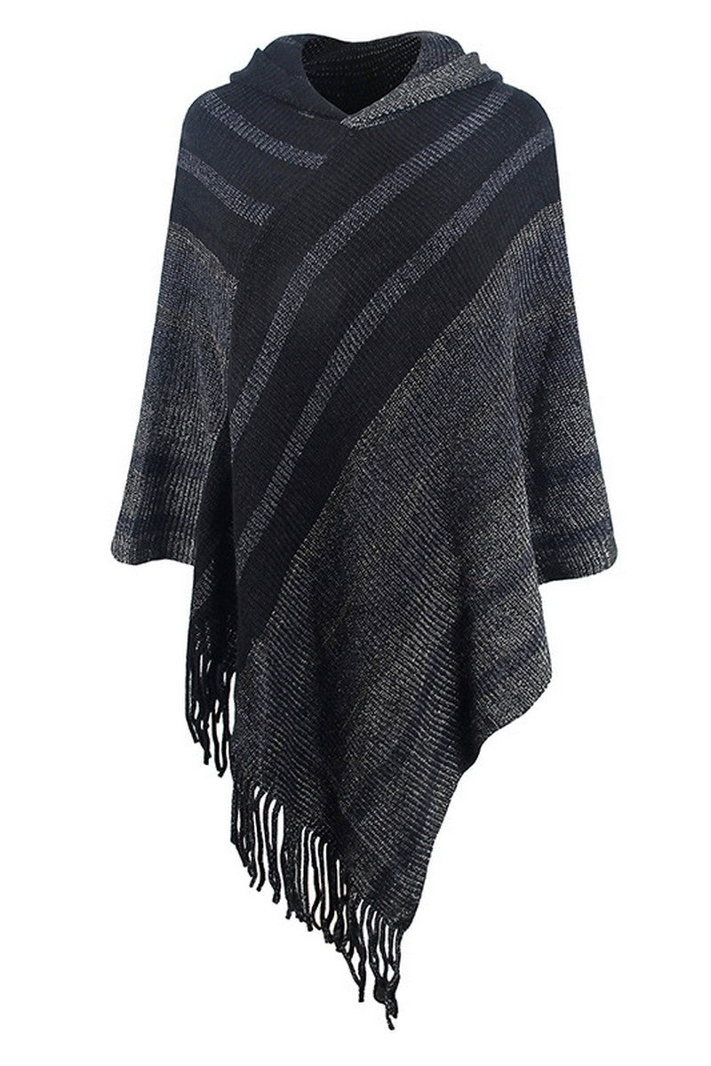 WOMEN TASSEL HOODED KNIT PONCHO SHAWL WRAP