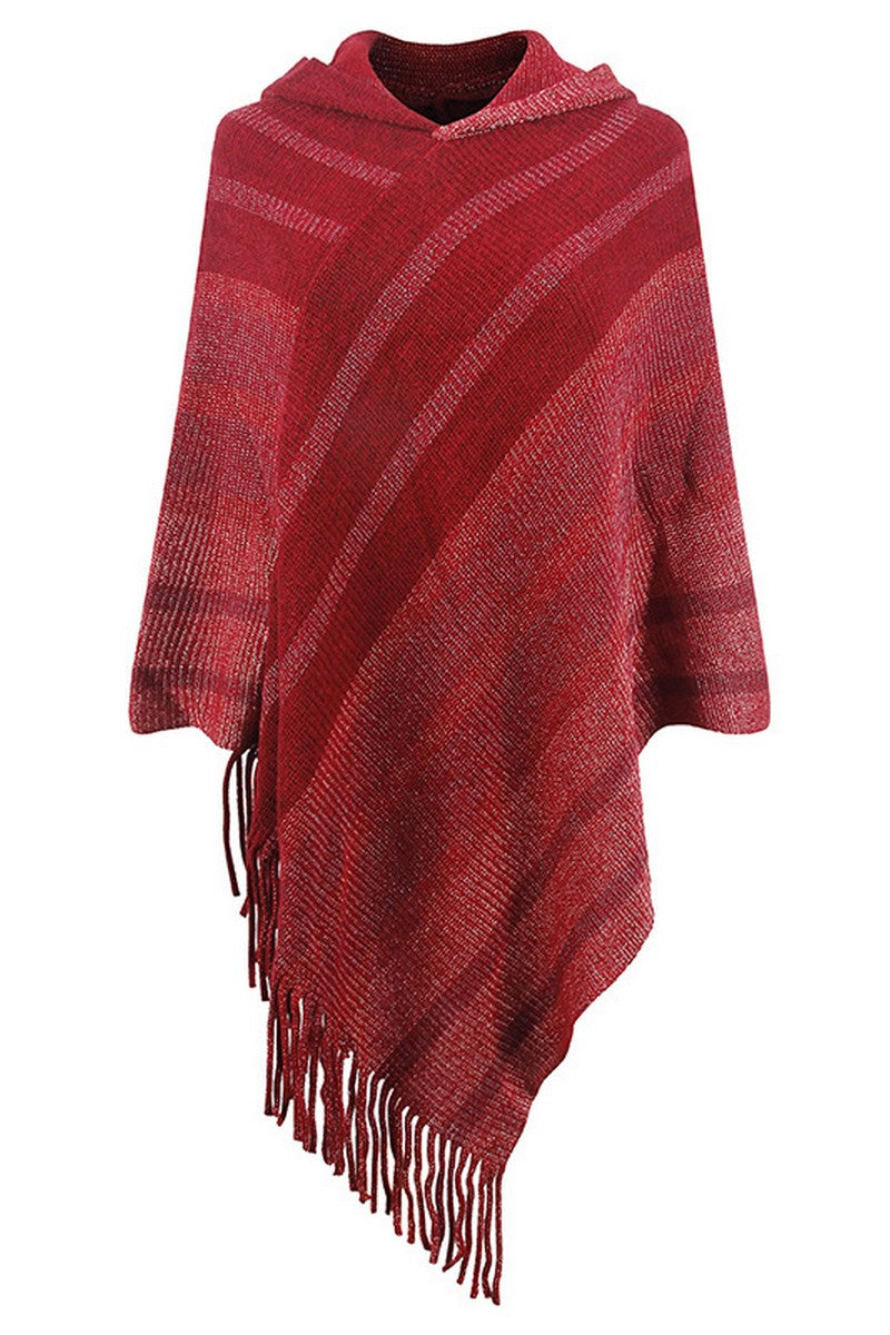 WOMEN TASSEL HOODED KNIT PONCHO SHAWL WRAP