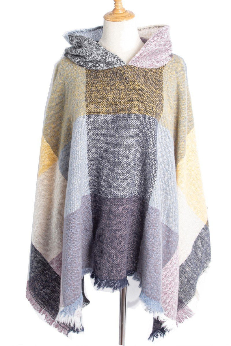 PLAID PATTERN TRENDY HOODED CAPE