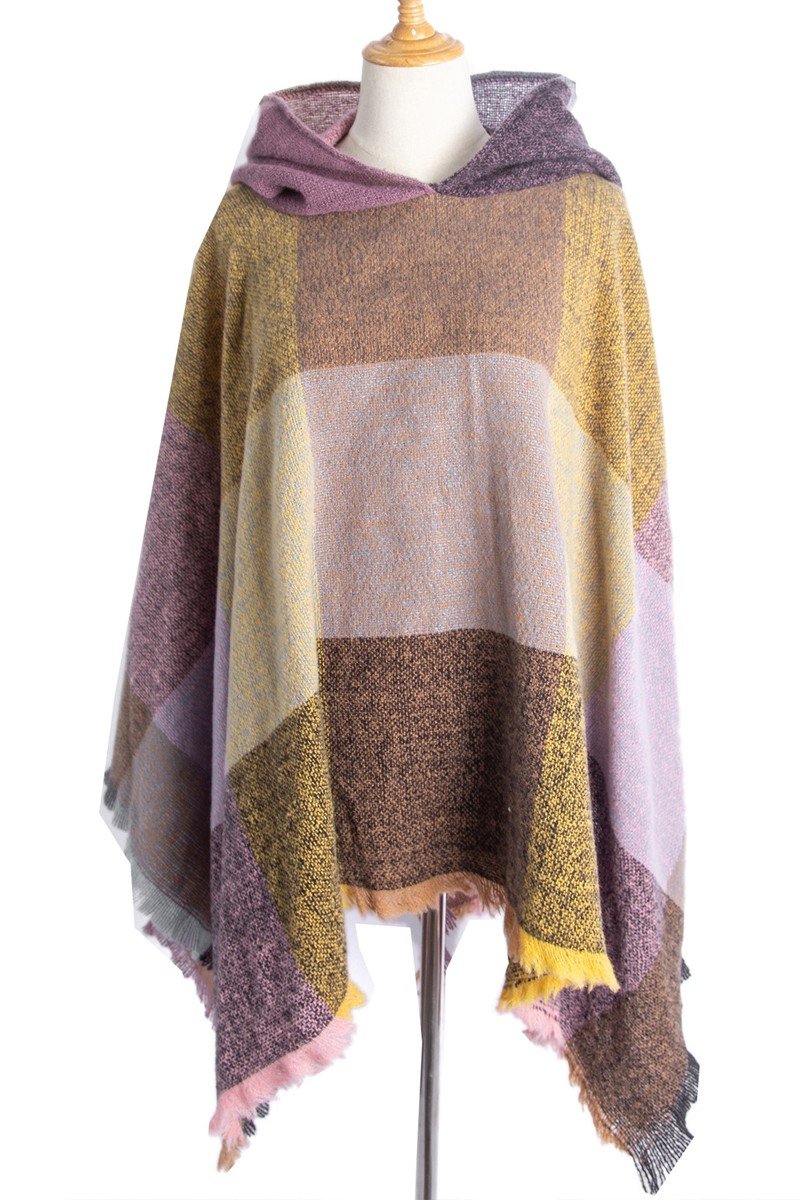 PLAID PATTERN TRENDY HOODED CAPE