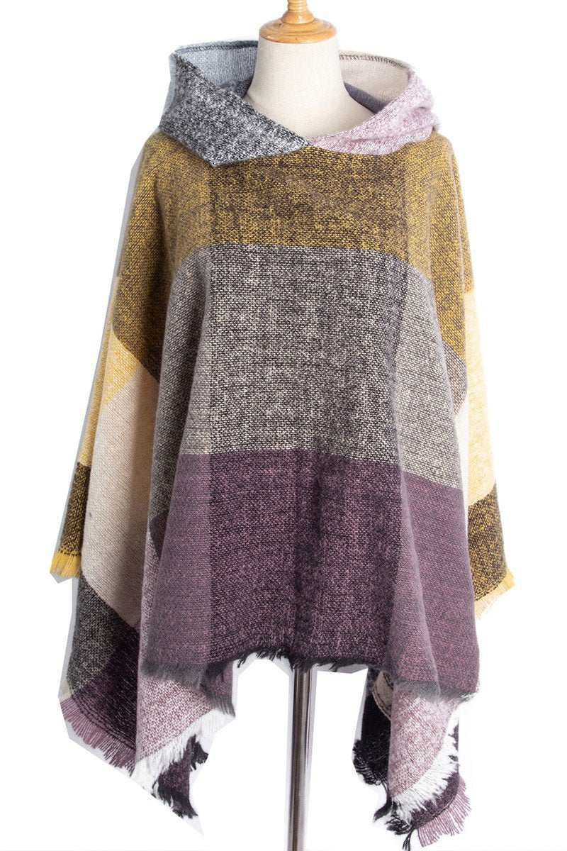 PLAID PATTERN TRENDY HOODED CAPE