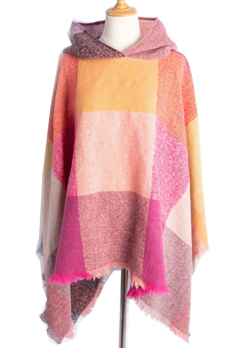 PLAID PATTERN TRENDY HOODED CAPE