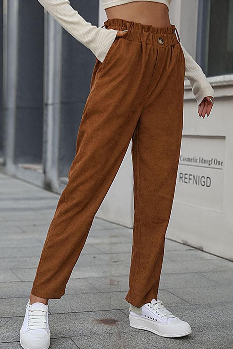 CASUAL SOLID CORDUROY PANTS - Doublju