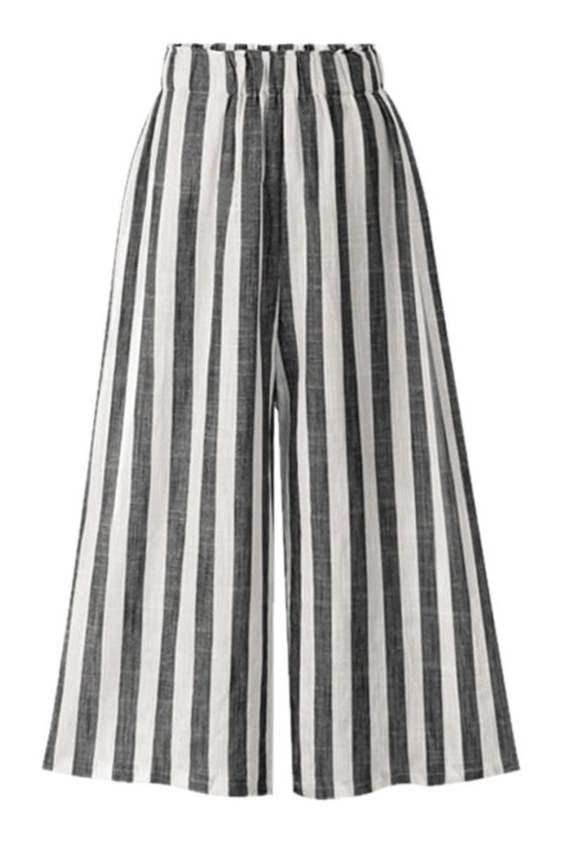 VERTICAL STRIPE ELASTIC WAIST WIDE LEG CAPRANTS - Doublju