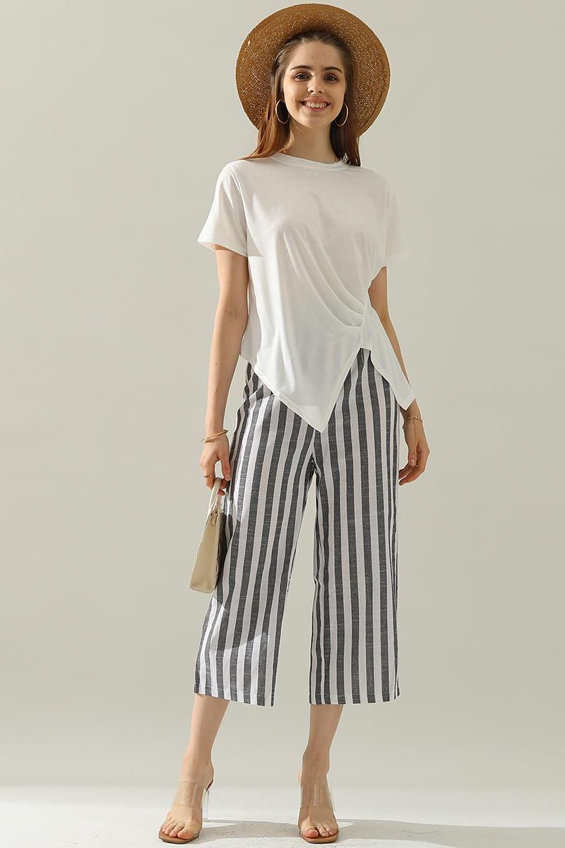 VERTICAL STRIPE ELASTIC WAIST WIDE LEG CAPRANTS - Doublju