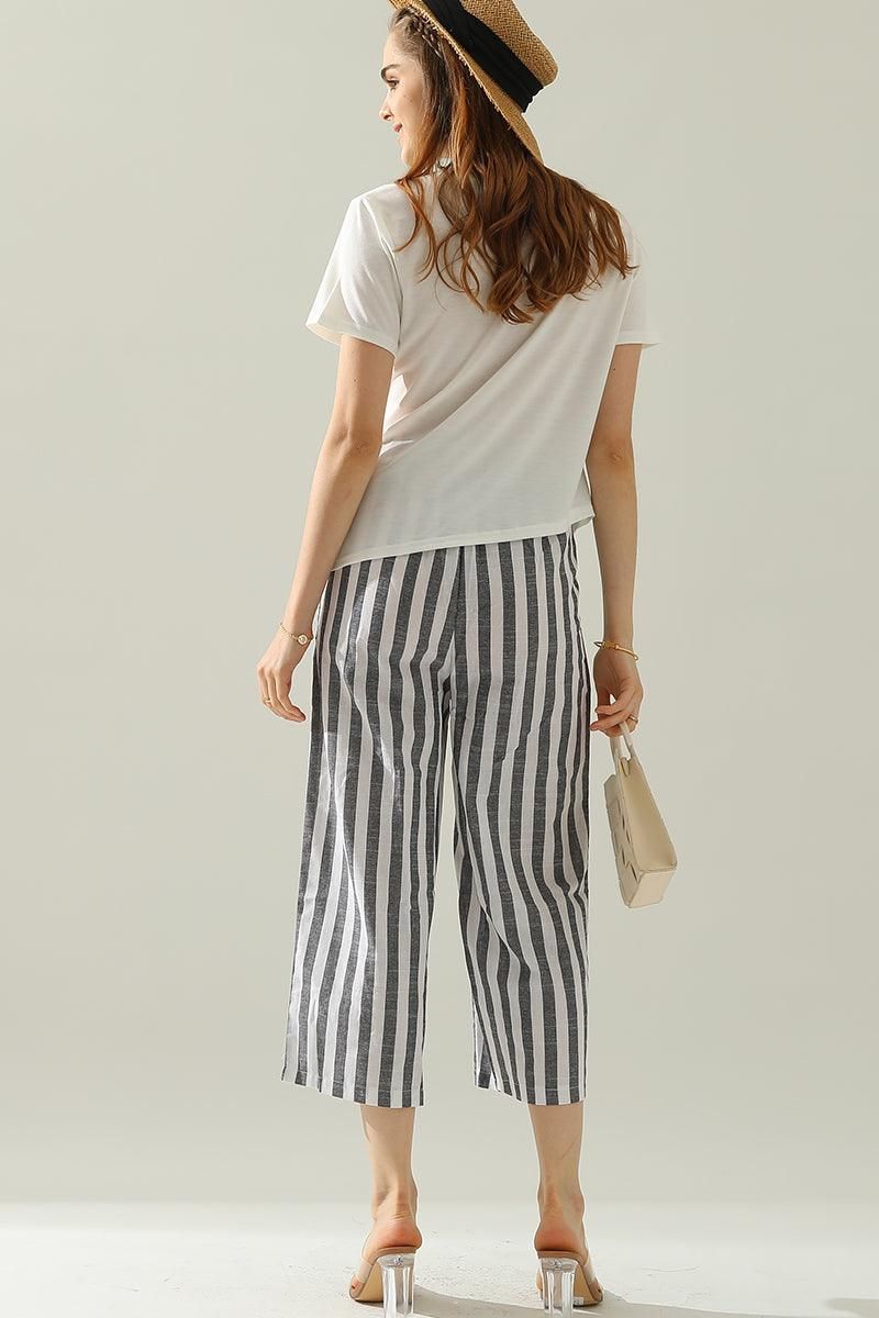 VERTICAL STRIPE ELASTIC WAIST WIDE LEG CAPRANTS - Doublju